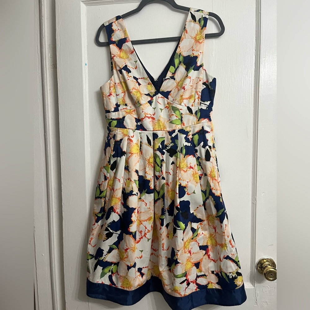 J. Crew Navy Floral Sleeveless Pleated A-line V-neck Dress Size 10